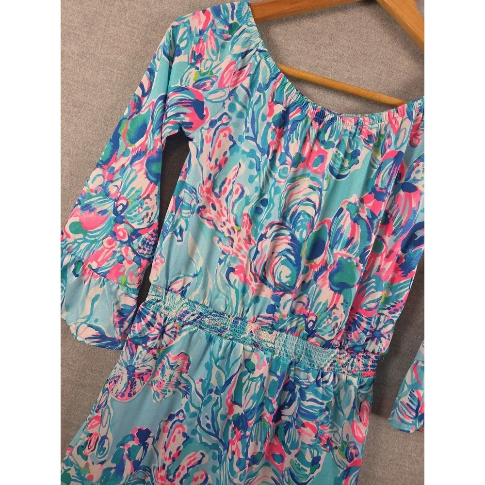 Lilly Pulitzer Girls L Off Shoulder Sundress Romper Skirt Blue Pink Bell Sleeve